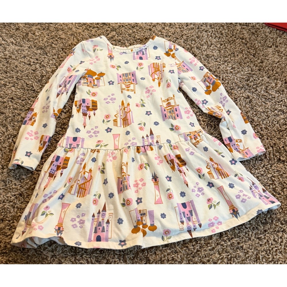 Disney Princess Long Sleeve Cream Castle Pattern Casual Dress 5t